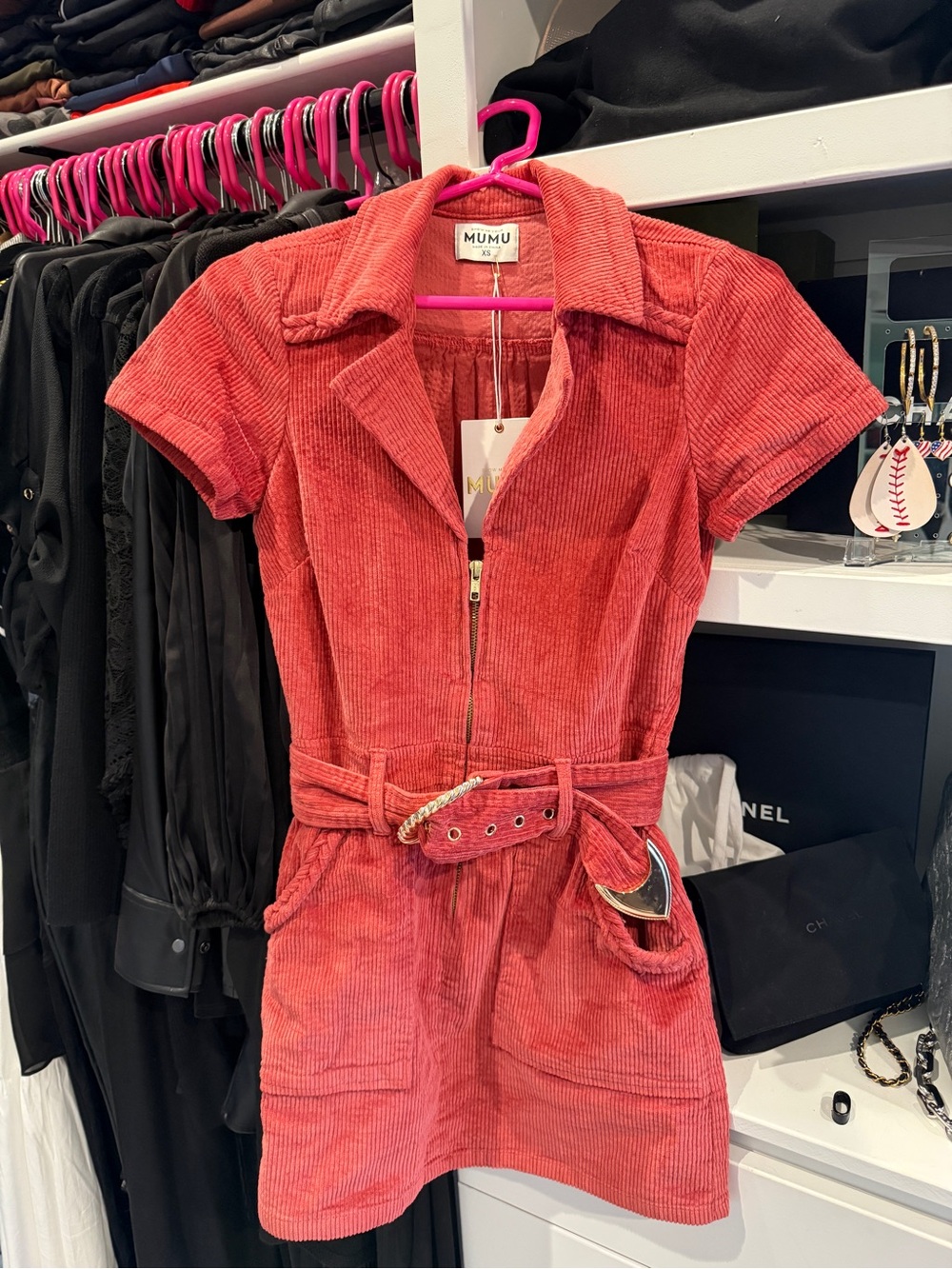 Show Me Your MuMu Red Corduroy Zip Mini Dress with Belt